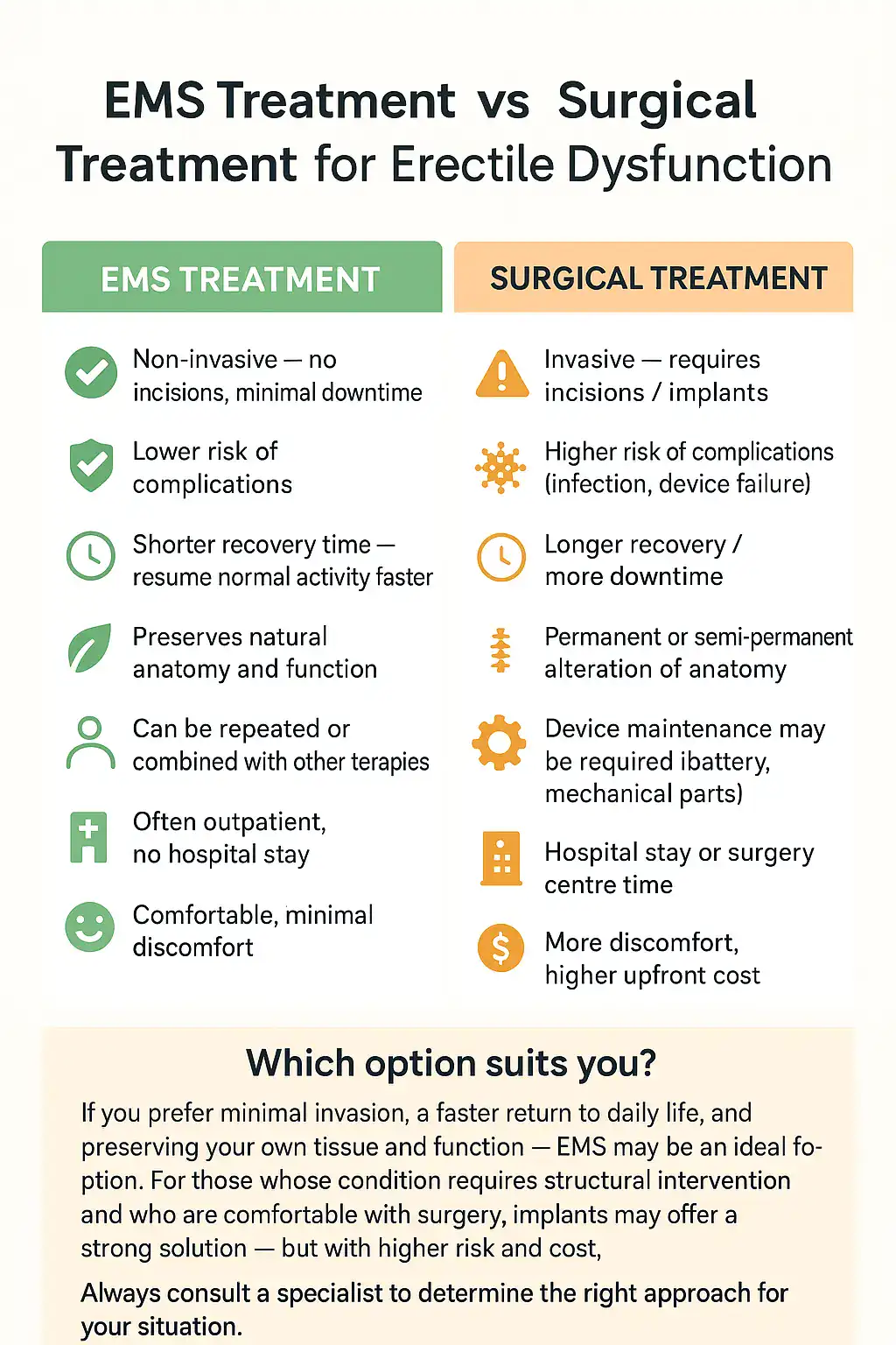 A table showing the benefits of EMS chair for erectile dysfunction treatment compared to surgery.