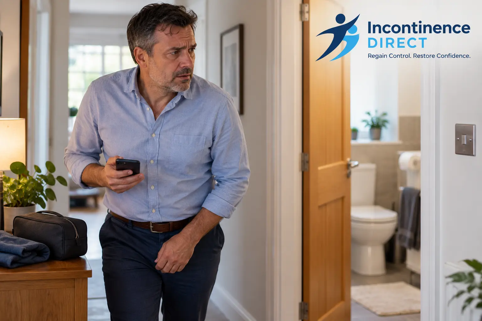 Worried Man Near Open Bathroom affected from faecal incontinence safety tips from incontinence direct