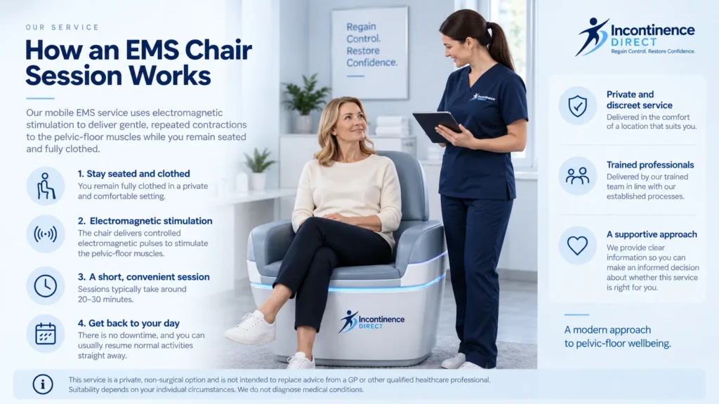 how ems chair session works at incontinence direct a detailed infographics for the incontinence process
