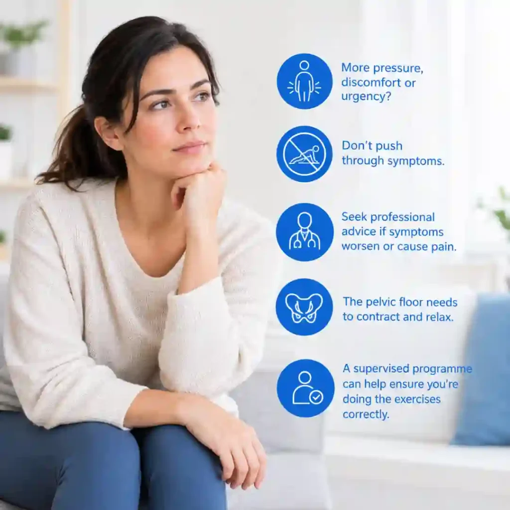 Pelvic-floor exercises involve controlled contraction and relaxation. Persistent pressure, discomfort or urinary urgency may warrant professional assessment.